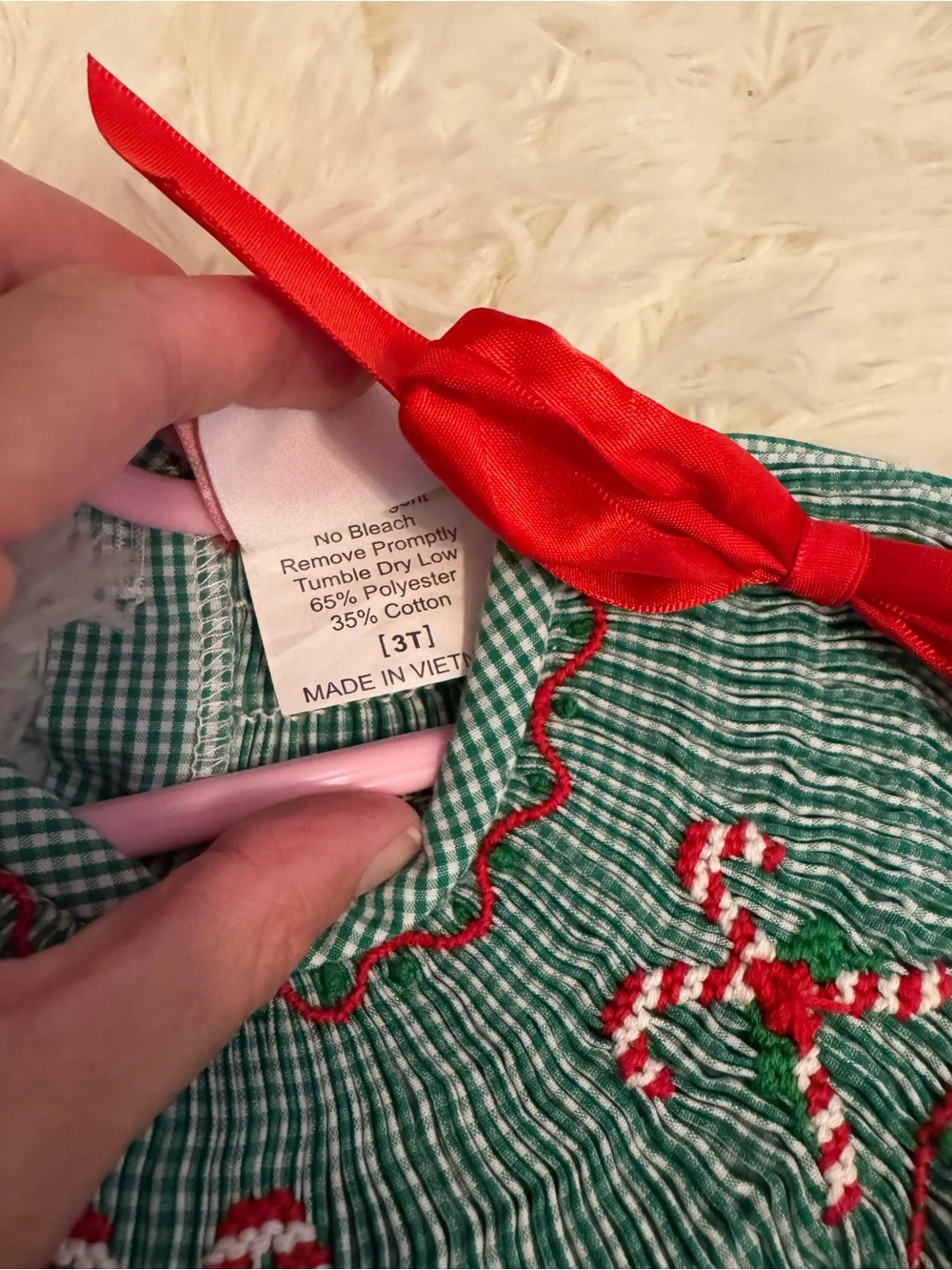 Green Gingham Smocked Baby One-Piece with Red Ribbon